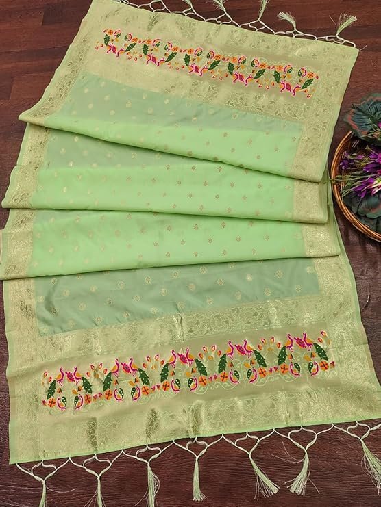Pista Green Unstitched Stylish 3 Piece Banarasi Silk Paithani Salwar Suit for Women - Image 18