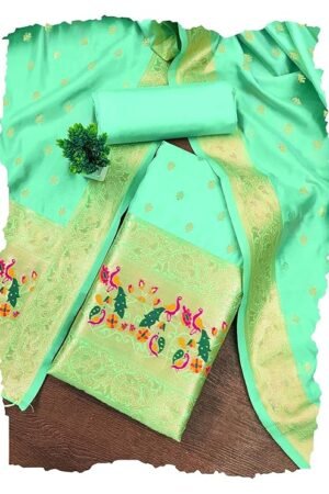 Unstitched Women's Banarasi Cotton Salwar Suit Dress Material in Sea Green Color