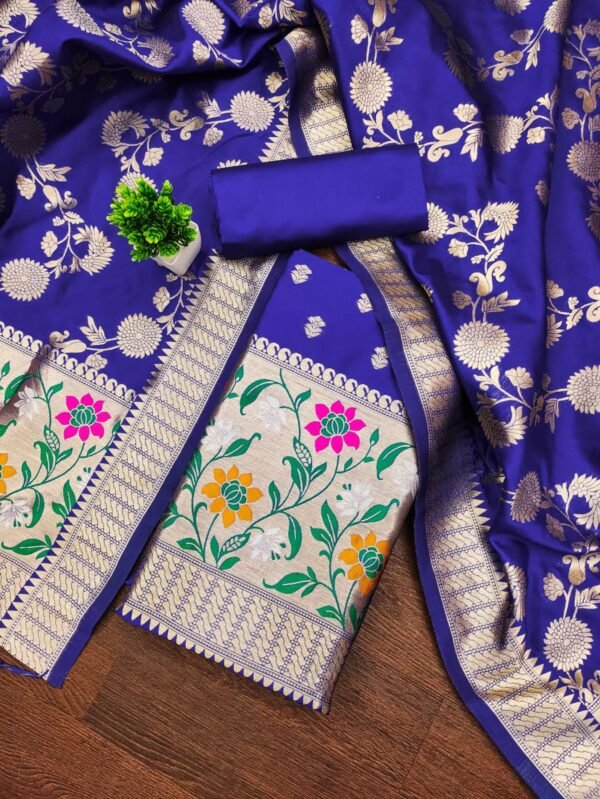 Unstitched Women's Banarasi Cotton Salwar Suit Dress Material in Royal Blue Color