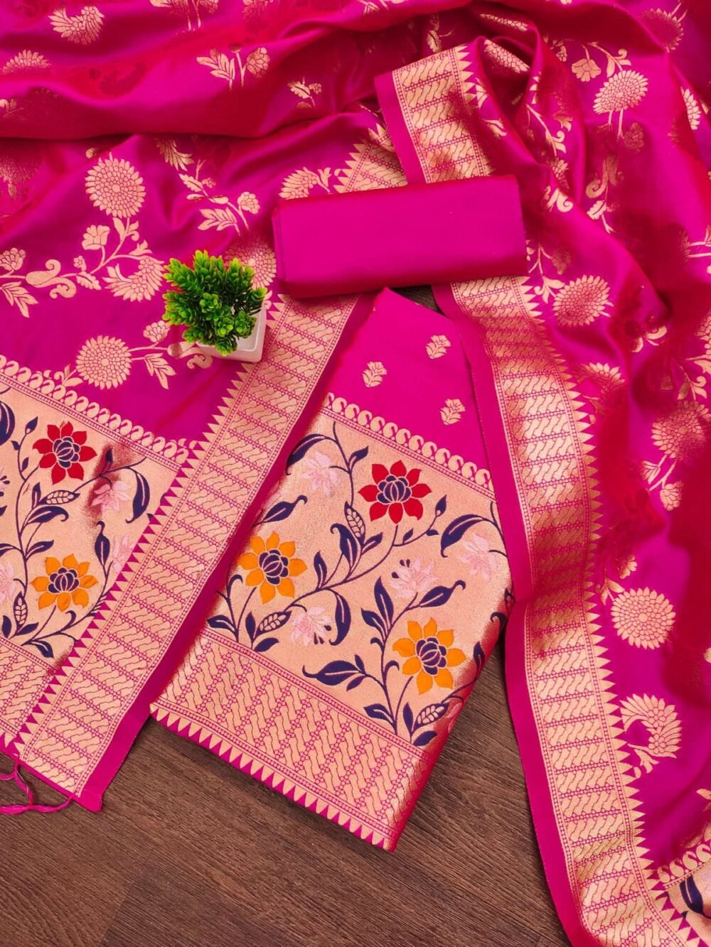 Unstitched Women's Banarasi Cotton Salwar Suit Dress Material in Rani Pink Color