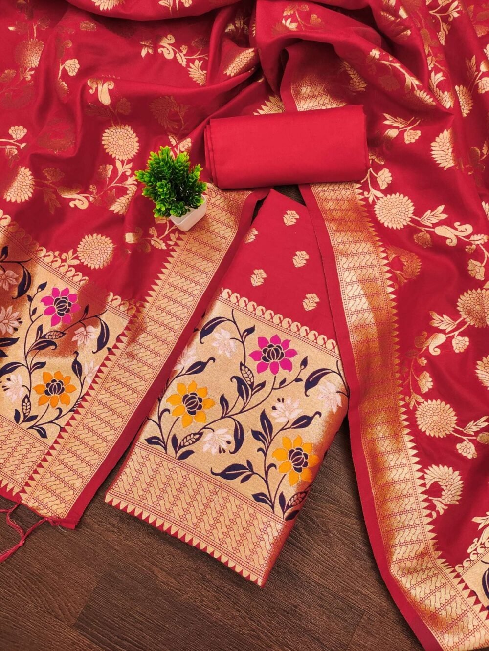 Unstitched Women's Banarasi Cotton Salwar Suit Dress Material in Red Color