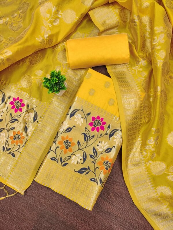yellow banarasi silk salwar suit