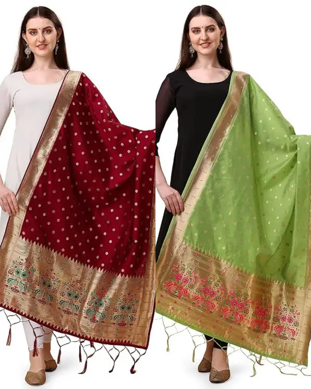 Fancy Maroon-Pista Green Banarasi Silk Dupatta Combo