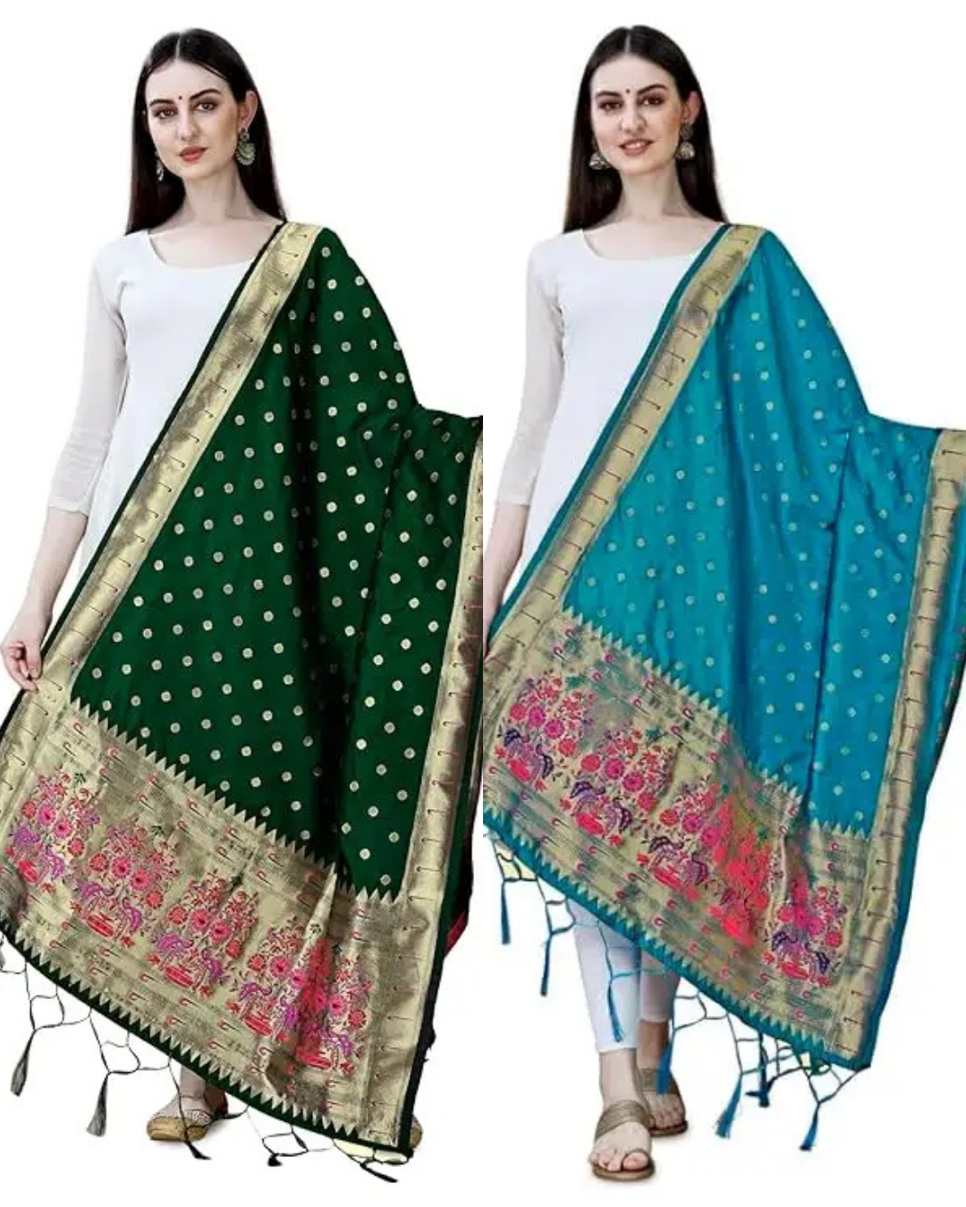 Fancy Dark Green-Firozi Banarasi Silk Dupatta Combo