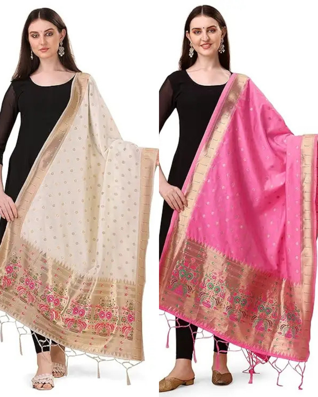 Fancy White-Baby Pink Banarasi Silk Dupatta Combo