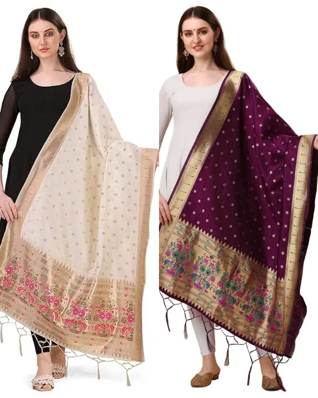 Fancy White-Wine Banarasi Silk Dupatta Combo
