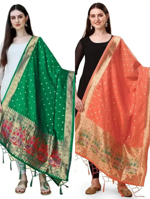 parrot green and peach dupatta combo