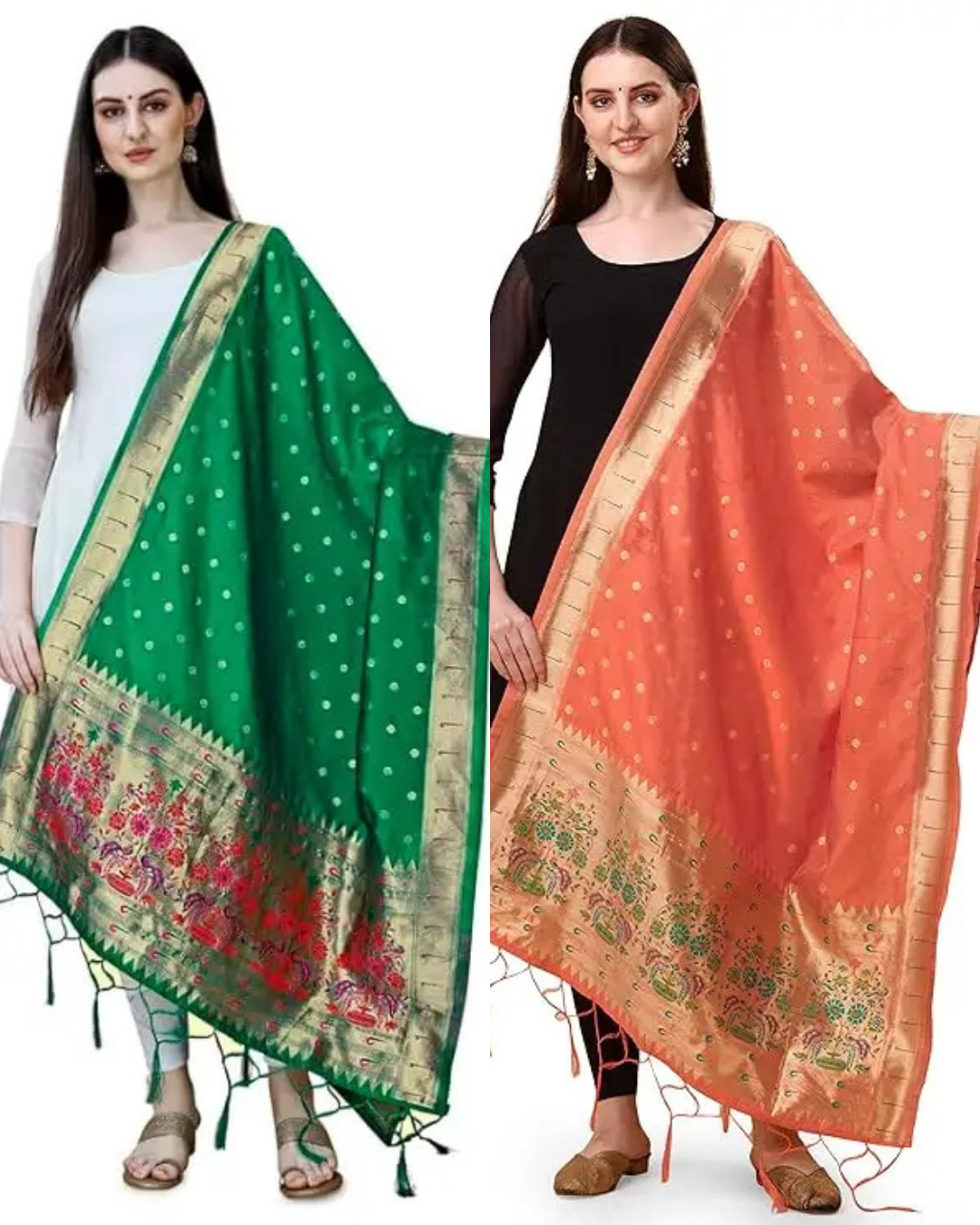 parrot green and peach dupatta combo