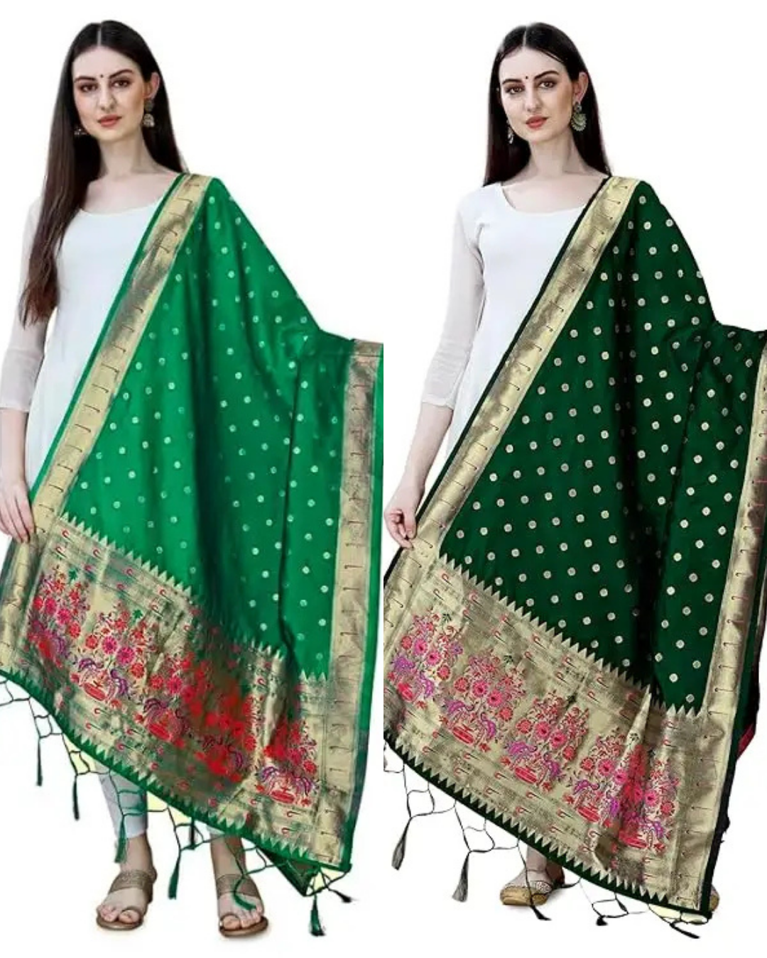 parrot green and dark green dupatta combo