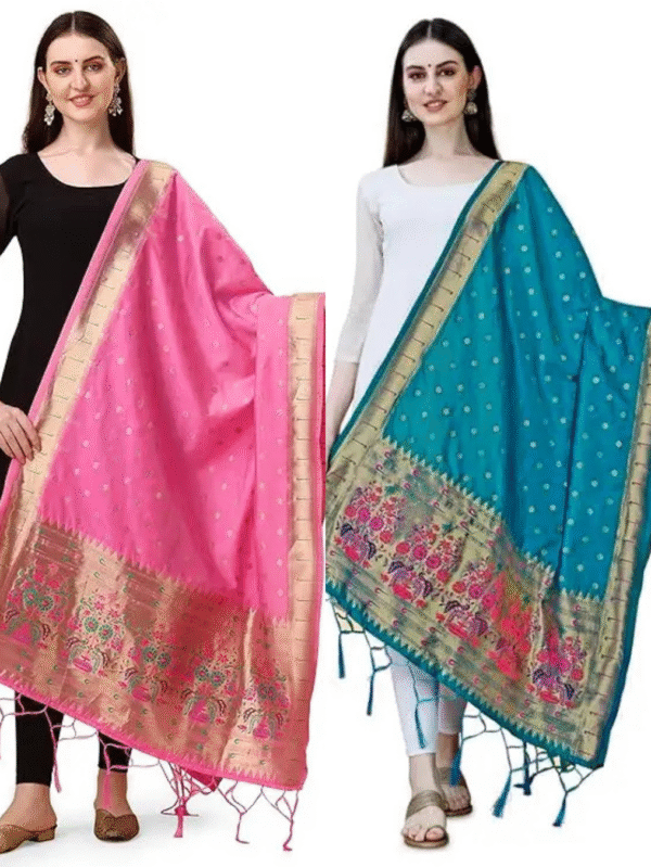 Fancy Baby Pink and Firozi Banarasi Silk Dupatta Combo