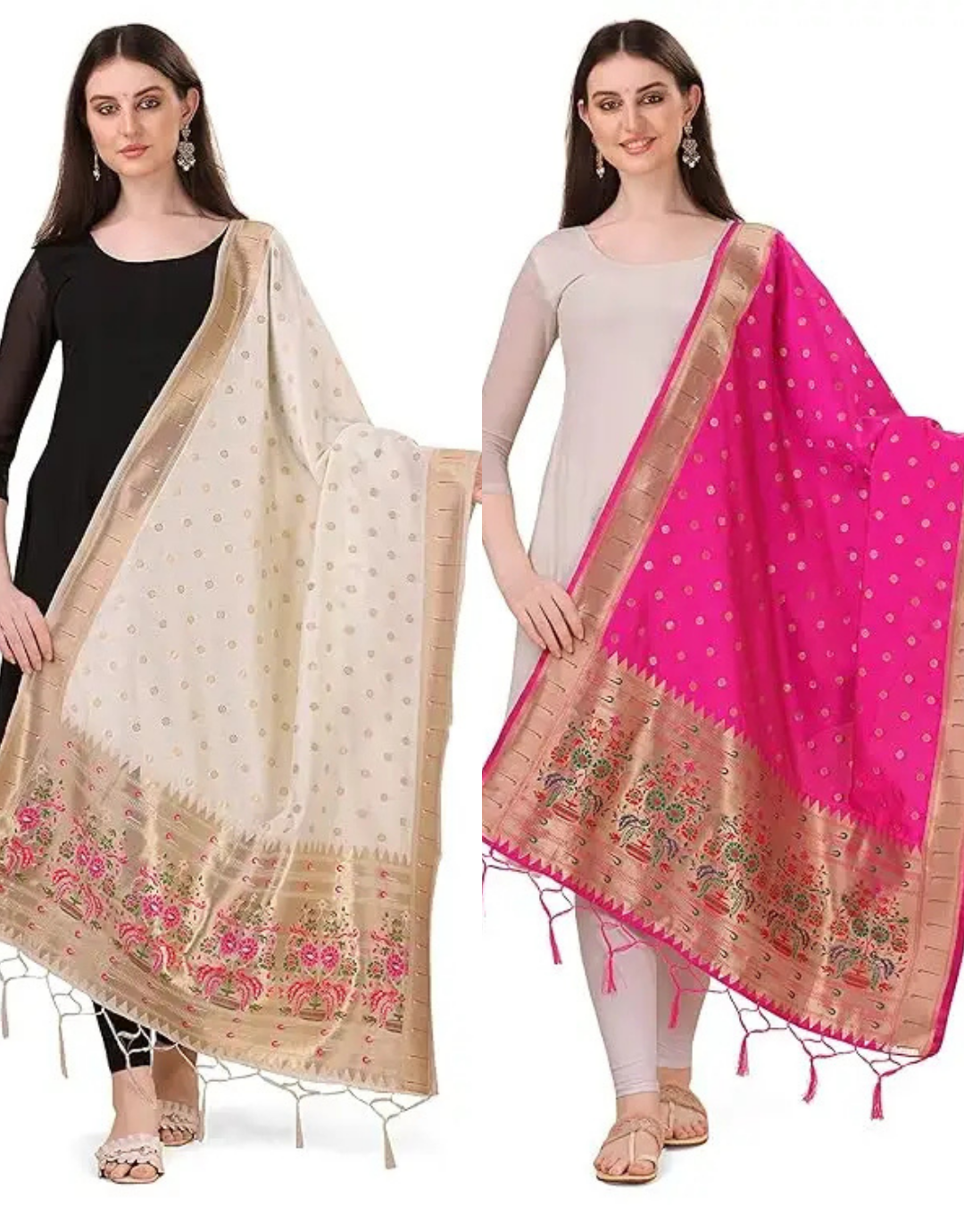 white and pink paithani dupatta combo