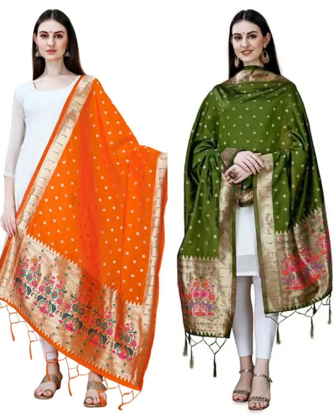 Fancy Orange-Mehendi Green Banarasi Silk Dupatta Combo