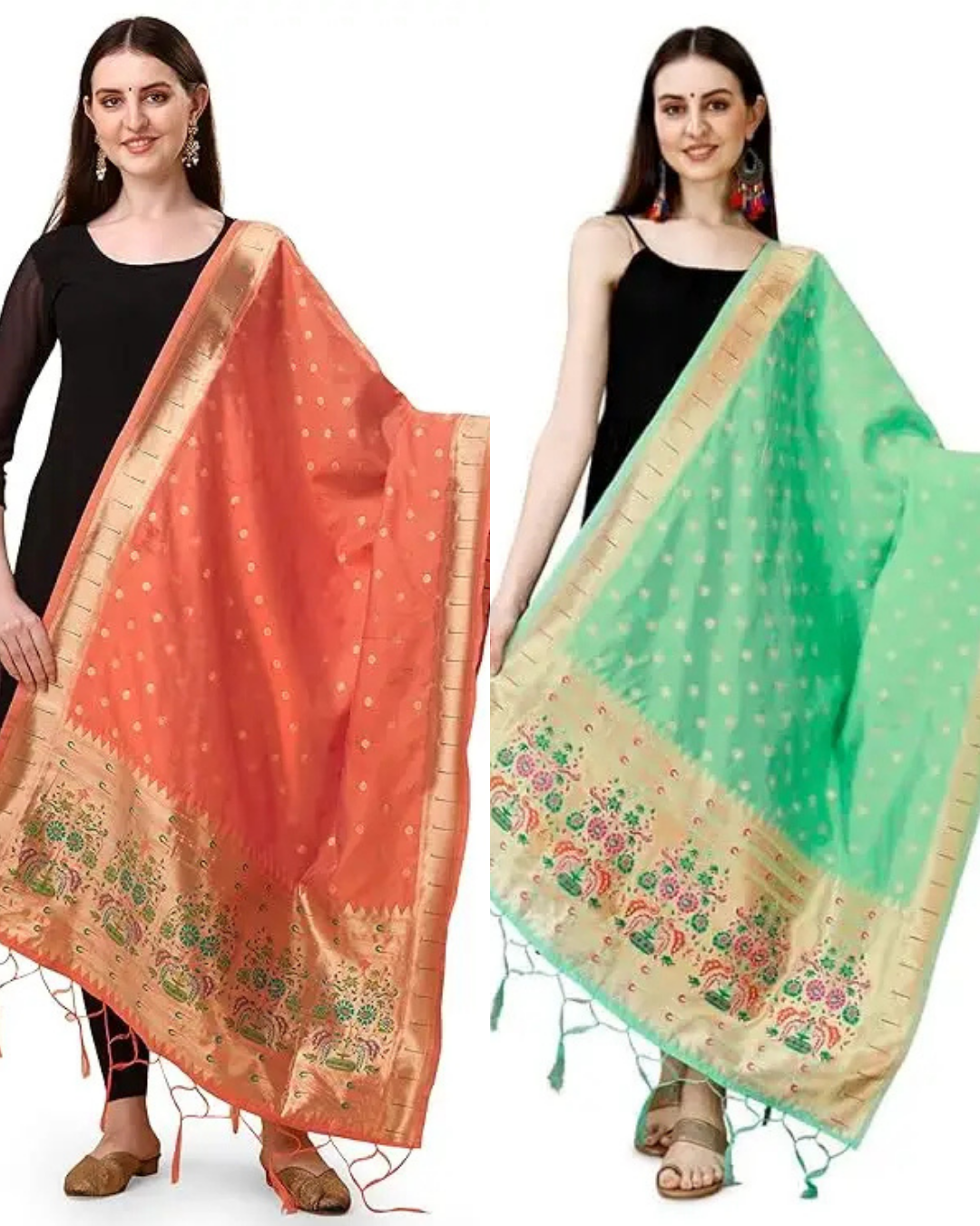 Fancy Peach-Sea Green Banarasi Silk Dupatta Combo