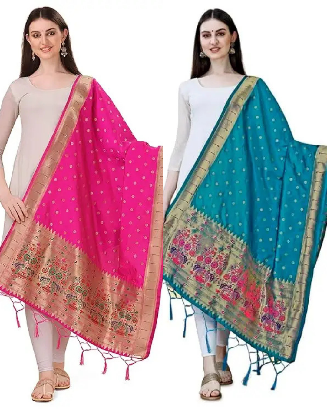 Fancy Rani Pink and Firozi Banarasi Silk Dupatta Combo