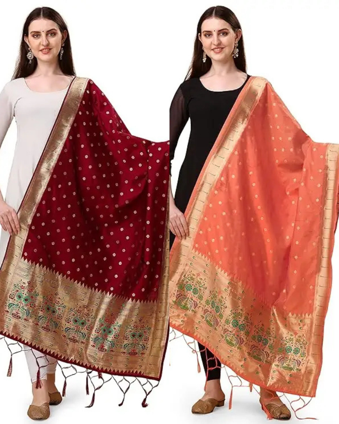 Fancy Maroon-Peach Banarasi Silk Dupatta Combo