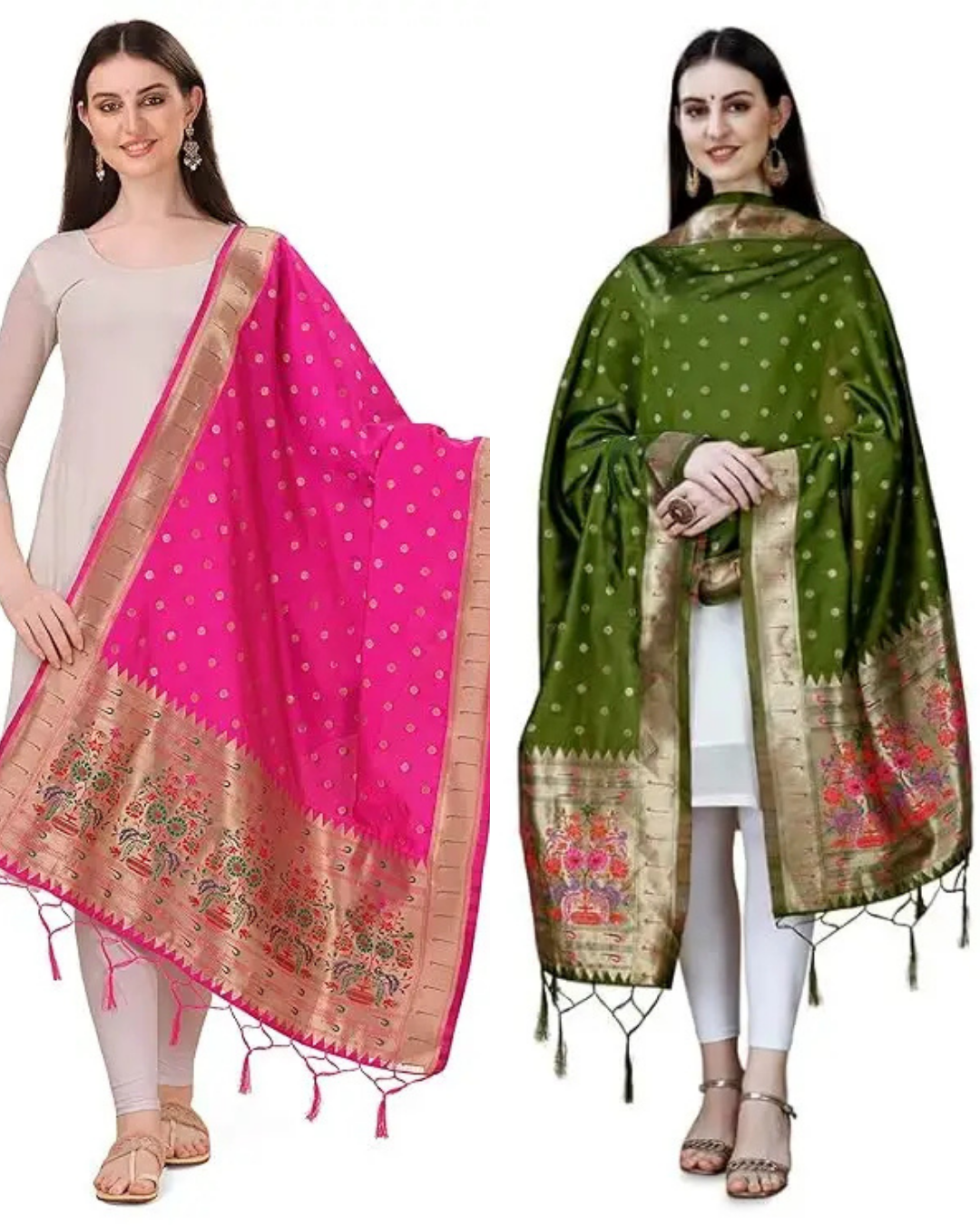 Fancy Rani Pink-Mehendi Green Banarasi Silk Dupatta Combo