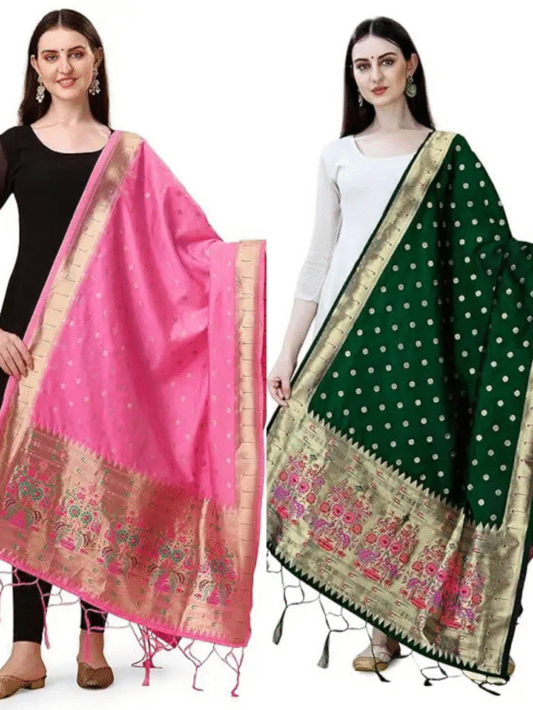 Fancy Baby Pink-Dark Green Banarasi Silk Dupatta Combo