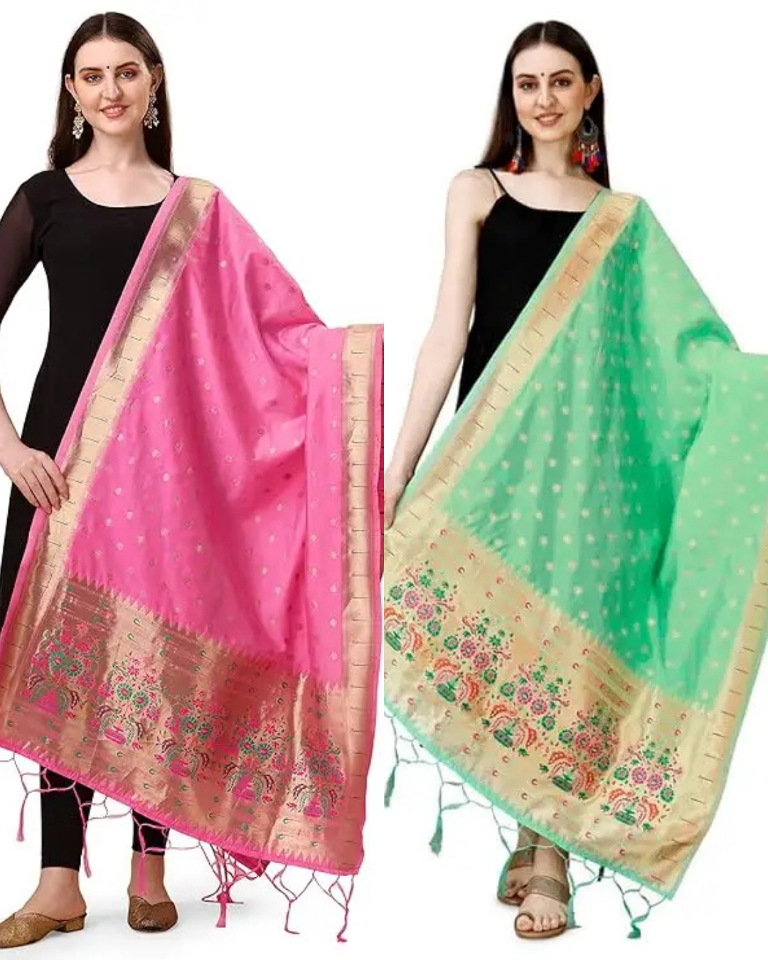 Fancy Baby Pink-Sea Green Banarasi Silk Dupatta Combo