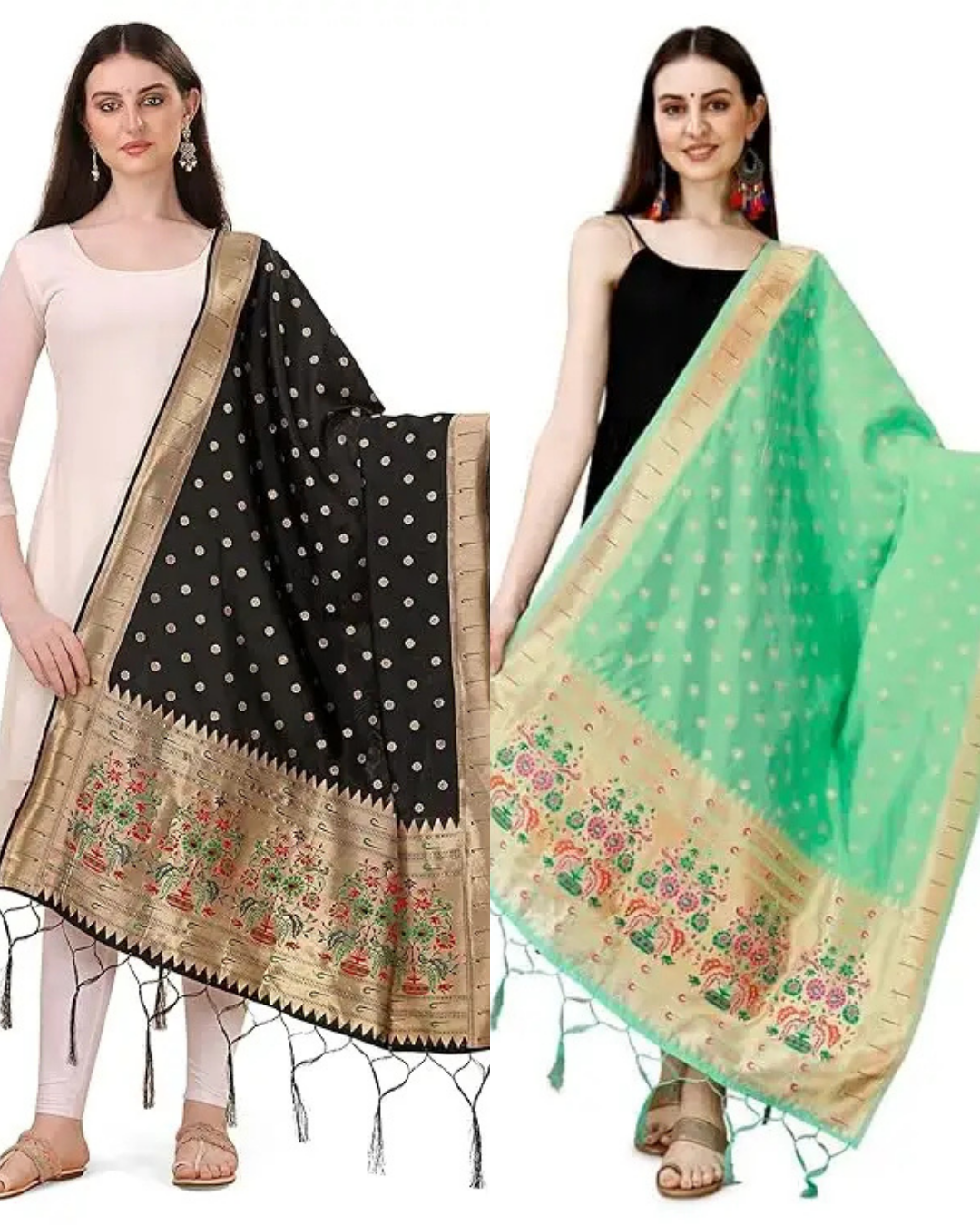 Elegant Black-Sea Green Combo Banarasi Silk Paithani Dupatta