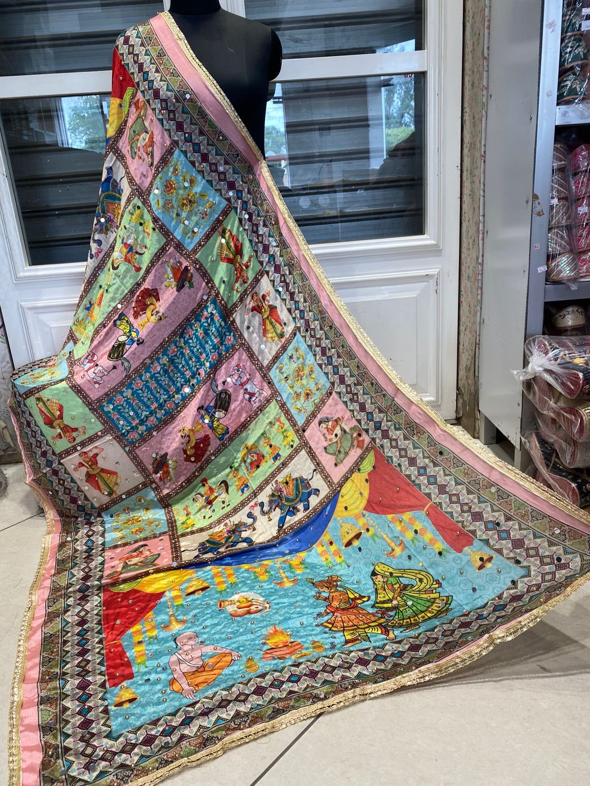 Blue Printedd Mirror Work Dupatta
